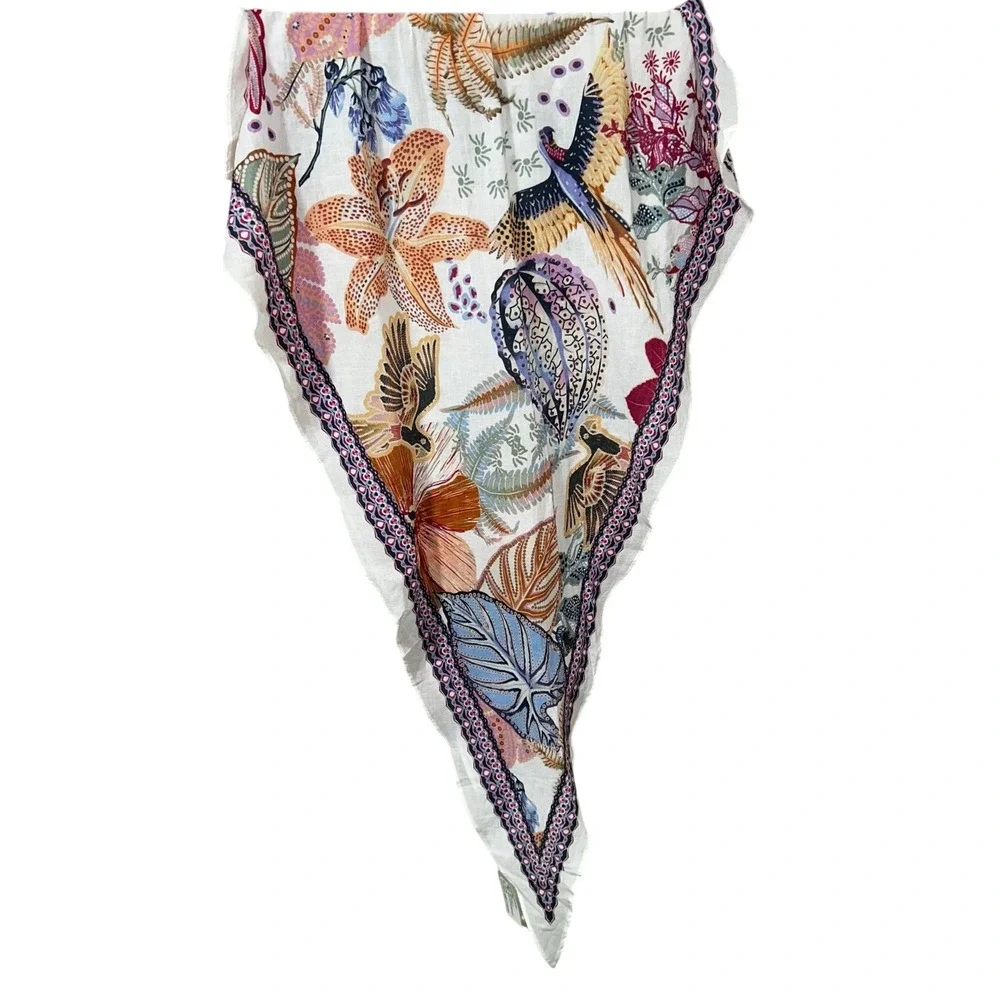 J. Jill White Multi Printed Stamp Scarf Bird Floral Botanical Square Fringed